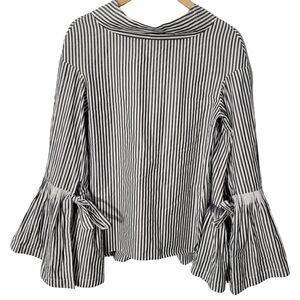 Teija Gray Striped High Neck Statement Bell Sleeve Blouse